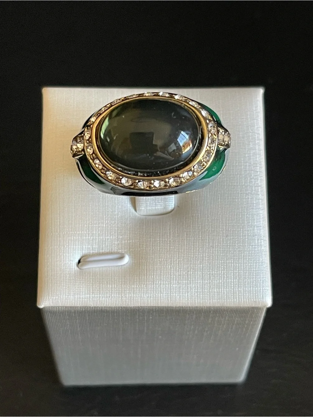 Vintage Green cabochon & green enamel Statement Ring with Crystal Halo.